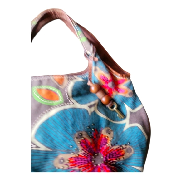 Fossil Floral Embroidered Leather Trim and Fabric Summer Women's Tote Bag - Picture 3 of 8